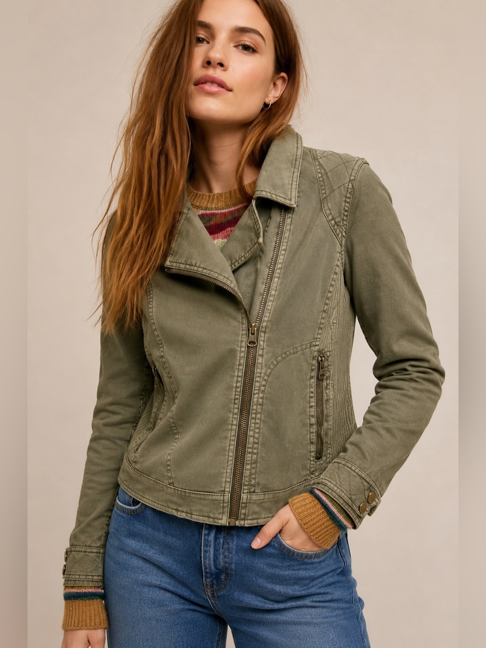 Anthropologie Easy Moto Jacket Olive Green Moto Utility XS